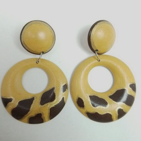 Vintage Tan and Brown Dangle Doorknocker Style Stud Earrings, Retro Estate - Picture 6 of 6